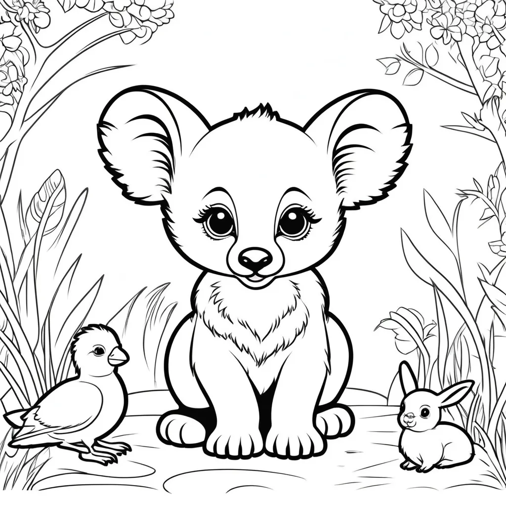 Prompt: B&W coloring book page,  line art, solid white background, baby animals