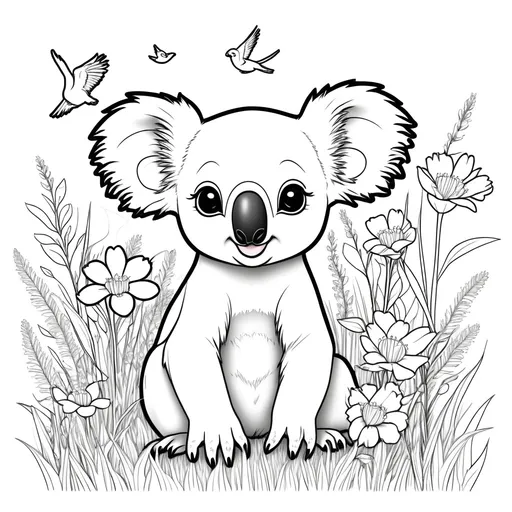 Prompt: a coloring page with a baby koala and a bird in the grass and flowers behind it, a black and white version, Daphne McClure, furry art, line art, lineart