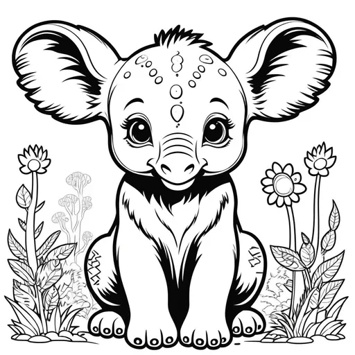 Prompt: B&W coloring book page,  line art, solid white background, baby wild anima