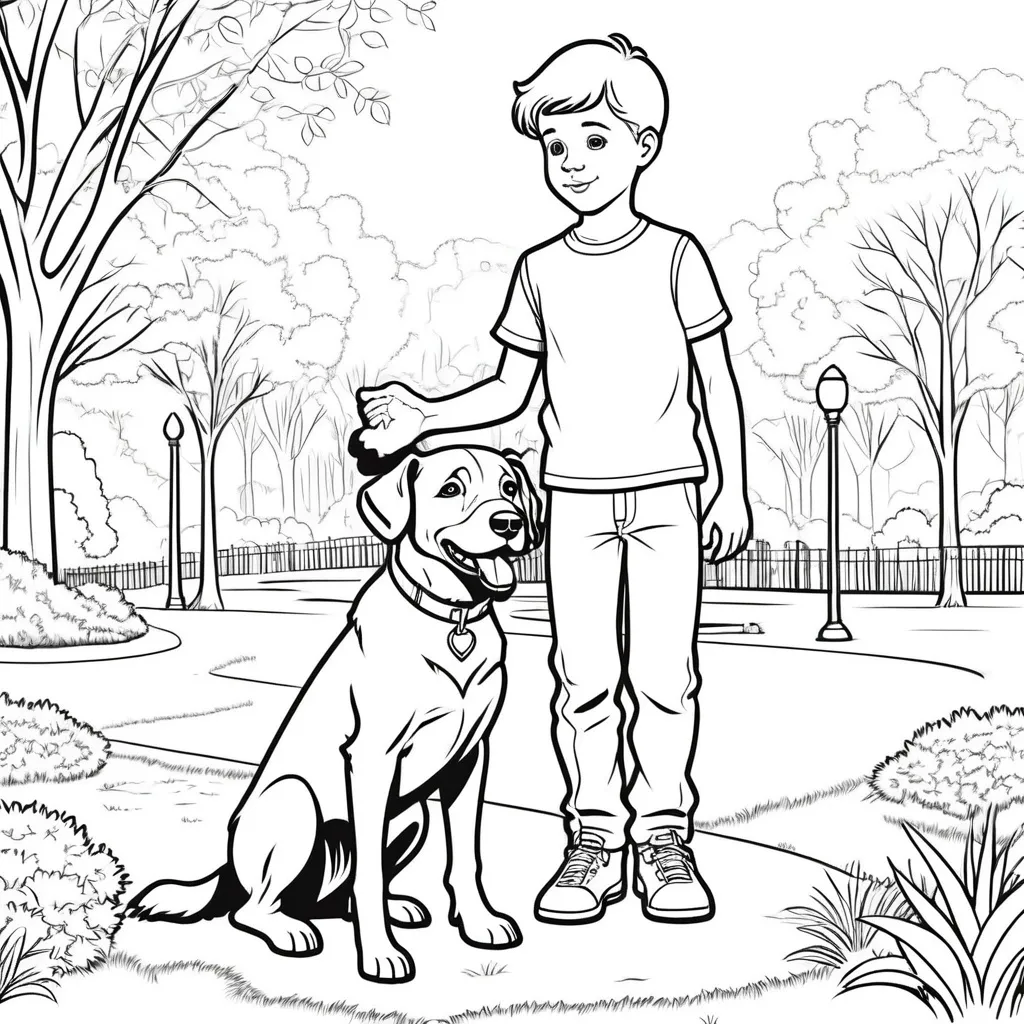 Prompt: B&W coloring book page, boy with his dog in the park, line art, solid white background