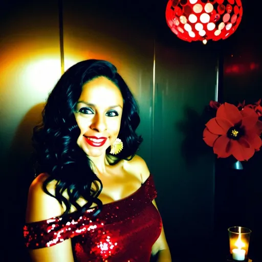 Prompt: A beautiful, in-shape woman with wavy dark hair adorned with a red flower, stands in a dimly lit, elegant nightclub. She wears a fitted, off-the-shoulder red dress with sequins, accentuating her toned arms. Bold red lipstick and dramatic eyeliner enhance her striking features. Large gold earrings dangle, reflecting the warm light. Behind her, the room is filled with small round tables, candlelit, and a stage with a live band playing vibrant Rumba music.