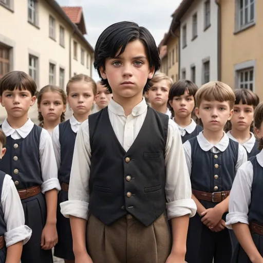 Prompt: Serious, German-looking kid leading a group of 10 kids, black hair, detailed facial features, high-quality rendering, realistic, historical setting, leader, determined expression, focused eyes, traditional attire, vintage look, detailed group, authentic, confident posture, natural lighting, classic, professional, detailed features, disciplined group