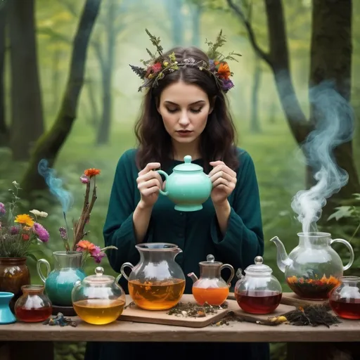 Prompt: paganism, nature and a beautiful woman 
mixing ingredients as if it was in the chemistry lab, show nature in the background and tea drinking ritual with bright colours and transparent tea pots with mystical elements in profane objects. A visual of a ritual to enter a creative state of mind.