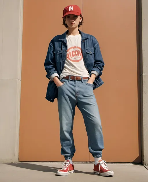 Prompt: 1boy, baseball cap, denim, full body, hand in pocket, hand on hip, hands in pockets, hat, jacket, pants, photo \(medium\), realistic, shirt, shoes, sneakers, solo, standing