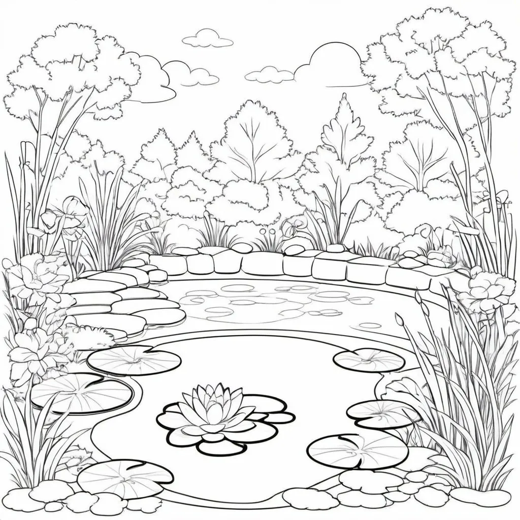 Prompt: Line art pond setting for preschool coloring page
