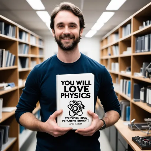 Prompt: "A handsome person holding a book with 'You Will Love Physics' written inside, standing in the middle of a physics lab with visible equipment and instruments."