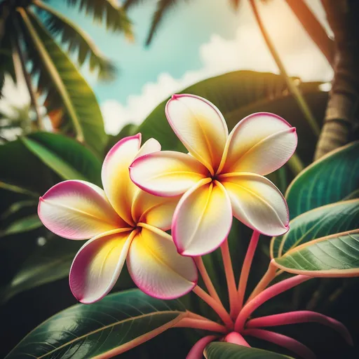 Prompt: A tri color plumeria in a tropical setting in Polaroid style in square ratio
