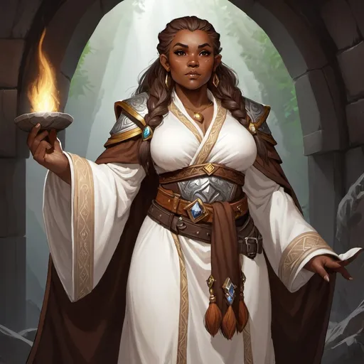 Prompt: Fantasy, dwarf, dwarven woman, dnd, wizard, white robe, beautiful dwarf, beard, brown skin, dark skin