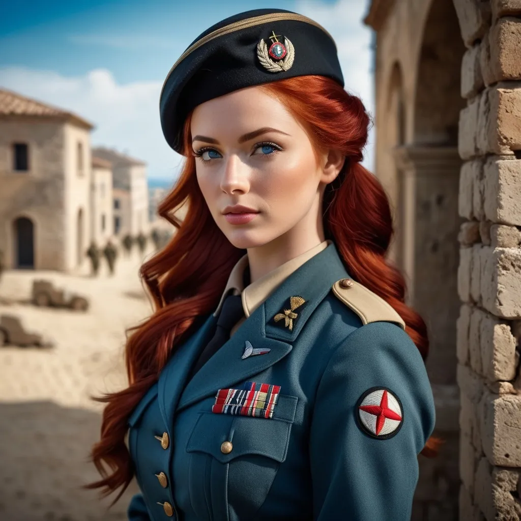 Prompt: (red-haired female in her 20s, full body), vivid red hair in a ponytail, pale blue eyes, World War 2, OSS, Military Uniform, black Beret, Anzio, photorealistic, high depth, ultra-detailed, high quality, historical realism, calm expression, 4K resolution.