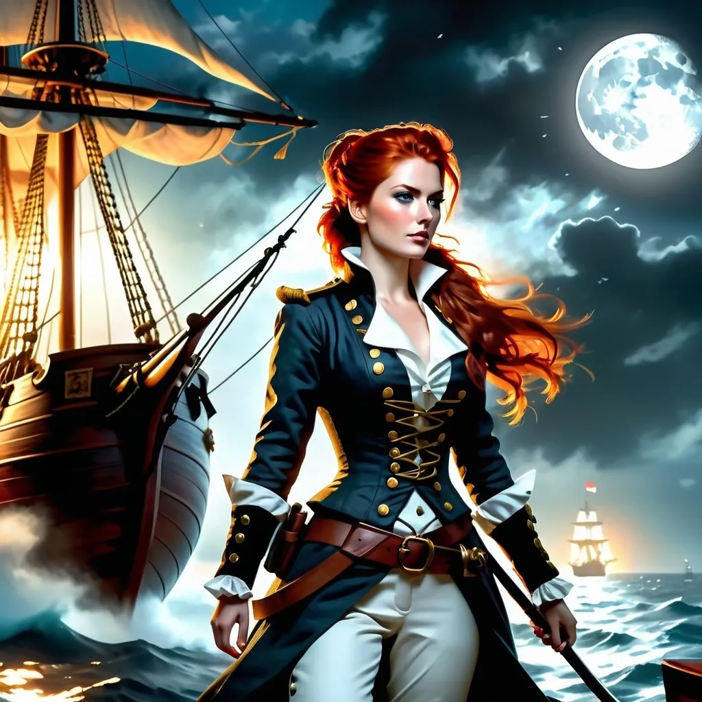 Prompt: Photorealistic image of a (red-haired female privateer in her 20s), full body, vivid red hair in a ponytail, pale blue eyes, Revolutionary Era Naval Uniform, standing on her galleon in the moonlight mid-battle, soft lighting, moon casting a silvery glow on the ship, high contrast between the dark night and moonlight, stormy seas in the background, intense and focused expression, ultra-detailed, high realism, 4K.