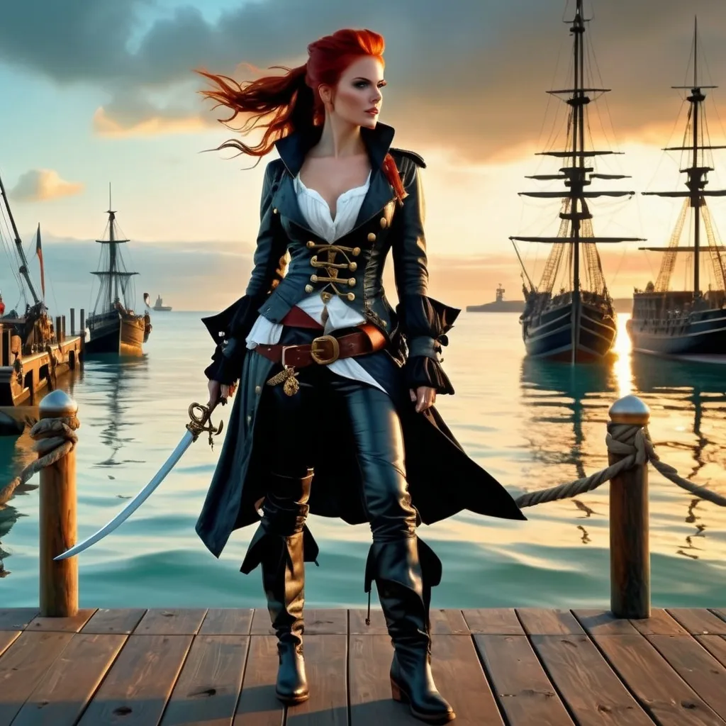 Prompt: Photorealistic image of a (red-haired female pirate) sitting on a dock rapier in hand, vivid red hair in a ponytail, pale blue eyes, black pirate boots, loose black leather pants, hooded long black leather coat, warm golden hour colors, dramatic and soft lighting, nautical atmosphere, wooden planks and harbor in the background, crisp bright sky with subtle clouds, ultra-detailed, 4K, high realism, cinematic masterpiece, expressive and adventurous mood.