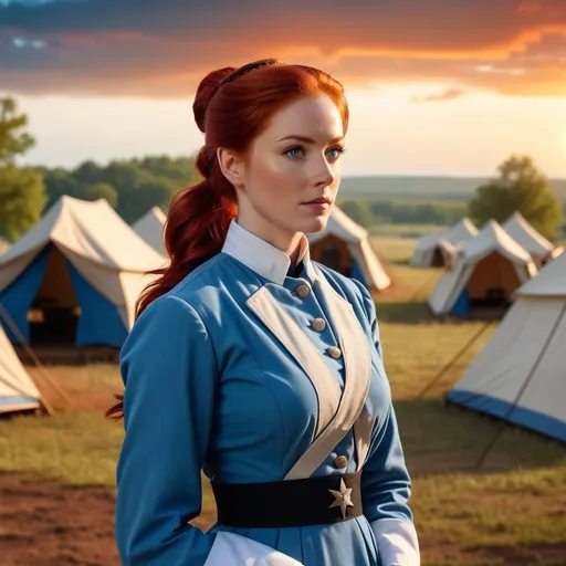 Prompt: (red-haired female in her 20s, full body), vivid red hair in a ponytail, pale blue eyes, 19th century Nurse uniform during the american civil war, photorealistic, high depth, ultra-detailed, high quality, historical realism, calm expression, 4K resolution.