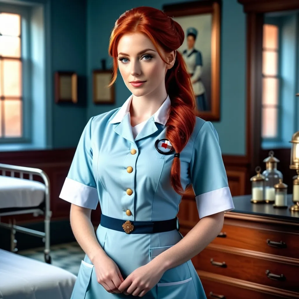 Prompt: (red-haired female in her 20s, full body), vivid red hair in a ponytail, pale blue eyes, 19th century Nurse uniform, photorealistic, high depth, ultra-detailed, high quality, historical realism, calm expression, 4K resolution.