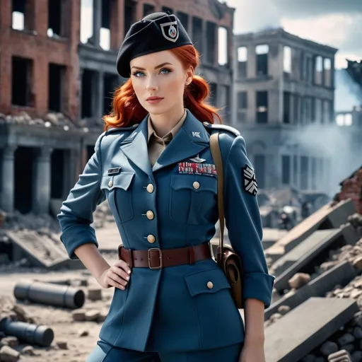 Prompt: (red-haired female in her 20s, full body), vivid red hair in a ponytail, pale blue eyes, World War 2, OSS, American Military Uniform, black Beret, photorealistic, high depth, ultra-detailed, high quality, historical realism, calm expression, 4K resolution.