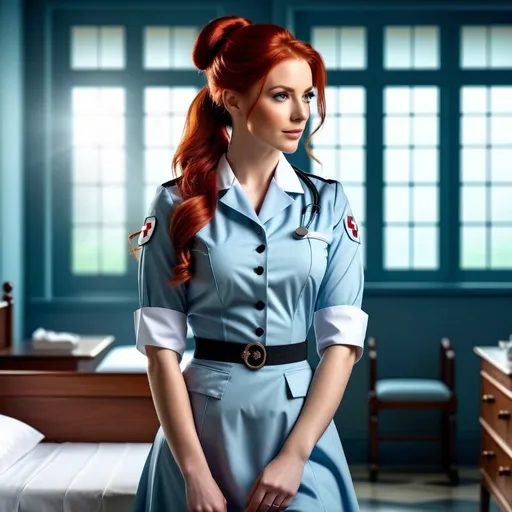 Prompt: (red-haired female in her 20s, full body), vivid red hair in a ponytail, pale blue eyes, 19th century Nurse uniform, photorealistic, high depth, ultra-detailed, high quality, historical realism, calm expression, 4K resolution.