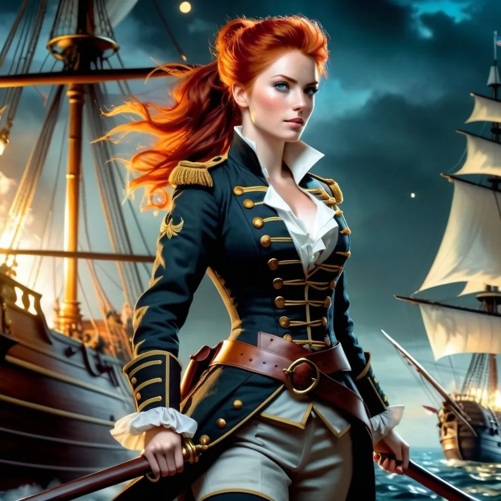 Prompt: Photorealistic image of a (red-haired female privateer in her 20s), full body, vivid red hair in a ponytail, pale blue eyes, Revolutionary Era Naval Uniform, Standing on her galleon in the moonlight mid-battle, soft lighting, ultra-detailed, high realism, 