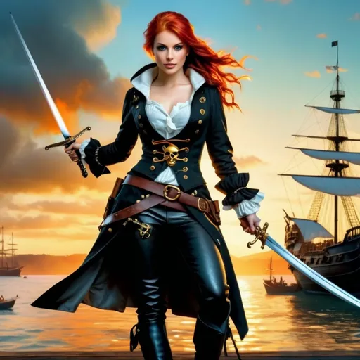 Prompt: Photorealistic image of a (red-haired female pirate in her 20s) in a tavern rapier in hand, vivid red hair in a ponytail, pale blue eyes, black pirate boots, loose black leather pants, hooded long black leather coat, warm golden hour colors, dramatic and soft lighting, nautical atmosphere, wooden planks and harbor in the background, crisp bright sky with subtle clouds, ultra-detailed, 4K, high realism, cinematic masterpiece, expressive and adventurous mood.