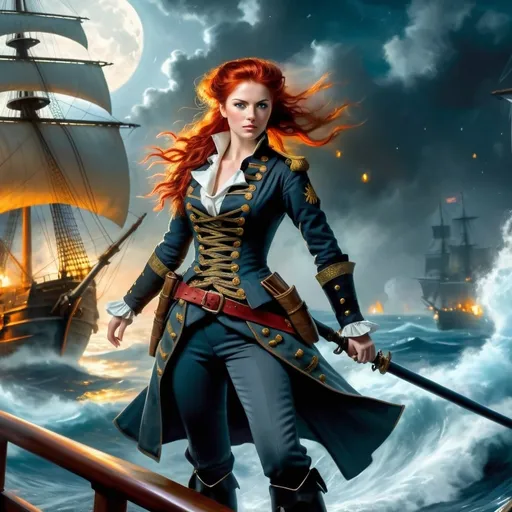 Prompt: (red-haired female privateer in her 20s, full body), vivid red hair in a ponytail, pale blue eyes, Revolutionary Era Naval Uniform, standing on the deck of a galleon, moonlight mid-battle, oil painting, dramatic lighting, dynamic and intense atmosphere, moon casting silver tones, ocean waves crashing, cannons firing, ultra-detailed, cinematic masterpiece.