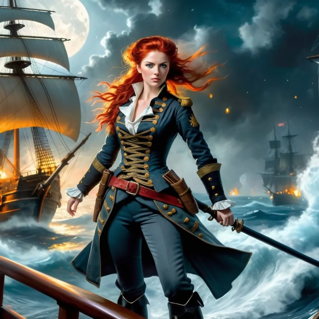 Prompt: (red-haired female privateer in her 20s, full body), vivid red hair in a ponytail, pale blue eyes, Revolutionary Era Naval Uniform, standing on the deck of a galleon, moonlight mid-battle, oil painting, dramatic lighting, dynamic and intense atmosphere, moon casting silver tones, ocean waves crashing, cannons firing, ultra-detailed, cinematic masterpiece.