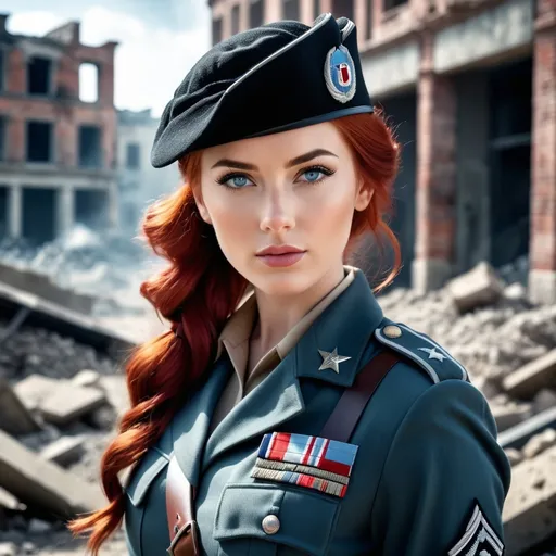 Prompt: (red-haired female in her 20s, full body), vivid red hair in a ponytail, pale blue eyes, World War 2, OSS, American Military Uniform, black Beret, photorealistic, high depth, ultra-detailed, high quality, historical realism, calm expression, 4K resolution.