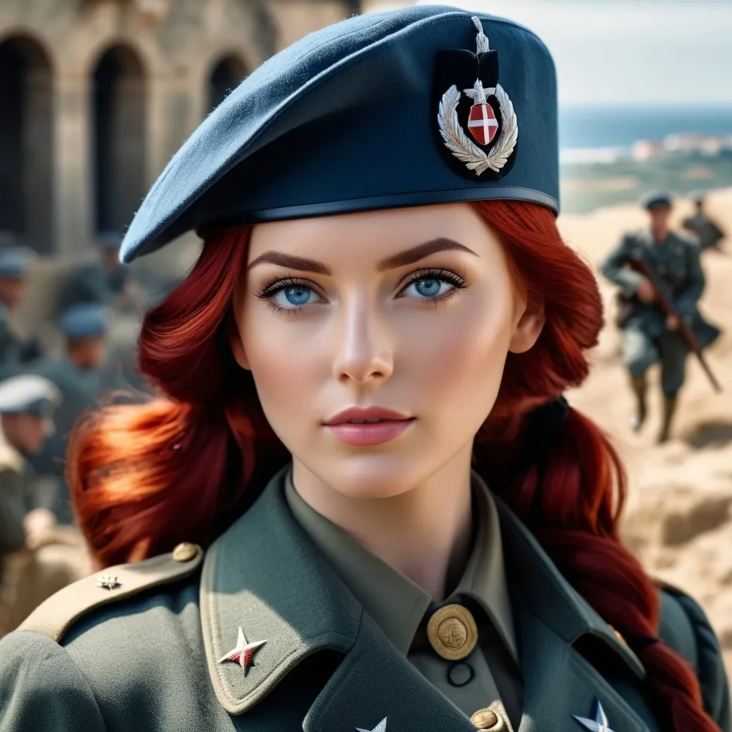 Prompt: (red-haired female in her 20s, full body), vivid red hair in a ponytail, pale blue eyes, World War 2, OSS, Military Uniform, black Beret, Anzio, photorealistic, high depth, ultra-detailed, high quality, historical realism, calm expression, 4K resolution.