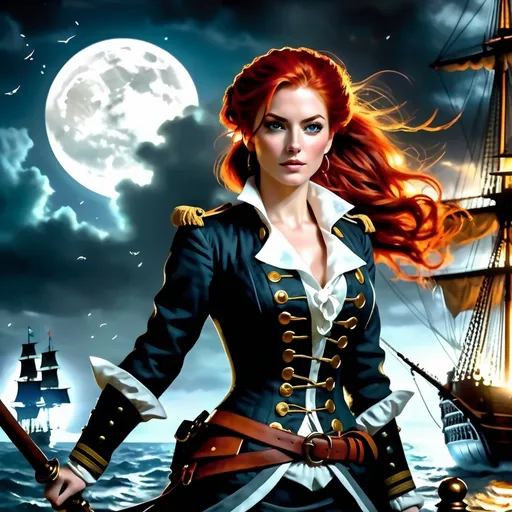 Prompt: Photorealistic image of a (red-haired female privateer in her 20s), full body, vivid red hair in a ponytail, pale blue eyes, Revolutionary Era Naval Uniform, standing on her galleon in the moonlight mid-battle, soft lighting, moon casting a silvery glow on the ship, high contrast between the dark night and moonlight, stormy seas in the background, intense and focused expression, ultra-detailed, high realism, 4K.