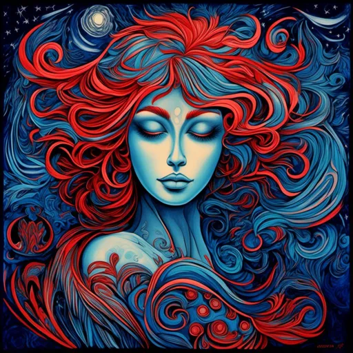 Prompt: <mymodel>(medium: highly detailed digital painting), (style: psychedelic art), a woman with (vibrant red hair), a (blue face), intricate patterns, and expertly blended gradients, a captivating (blue and black background) creating a surreal atmosphere, masterfully crafted with (rich textures) and shining colors, ultra-detailed, multidimensional composition.