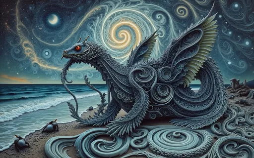 Prompt: (abstract dragon snail with wings), intricate swirls and lines, ethereal night setting, shimmering starlit sky creating optical illusions, soft cool tones, dreamy ambiance, mystical beach, flowing patterns, gentle waves made with highly detailed swirls and lines, high contrast between night and glowing elements. Turtle dragon with wings.