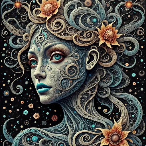 Prompt: Create a surreal and intricate portrait of a woman with flowing, ornate designs swirling across her face and hair. Her skin should have a smooth, porcelain-like appearance, with patterns in soft tones of teal, beige, and orange that curl and spiral around her features. Her eyes should be vibrant and expressive, conveying a serene and mysterious presence. The hair should be made up of detailed, swirling tendrils, blending into the background with organic, floral-like elements. The overall aesthetic should feel both elegant and mechanical, combining nature-inspired forms with ornamental details to create a complex and dreamlike figure.