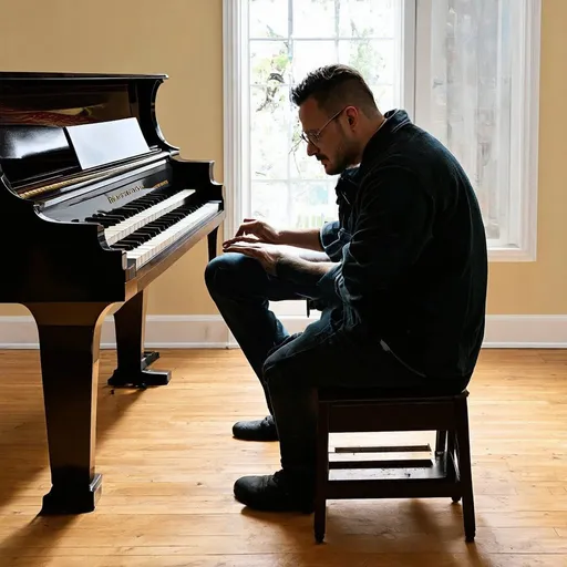 Prompt: a man sitting with piano sad
