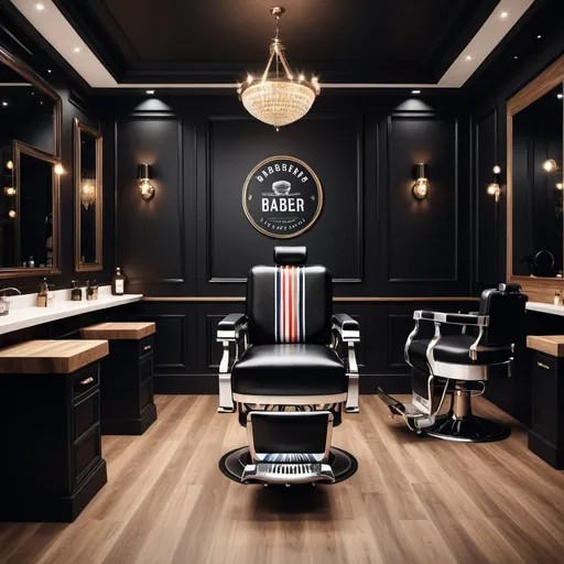 Prompt: a barber shop with black luxurious interior and hair crafter barber shop logo