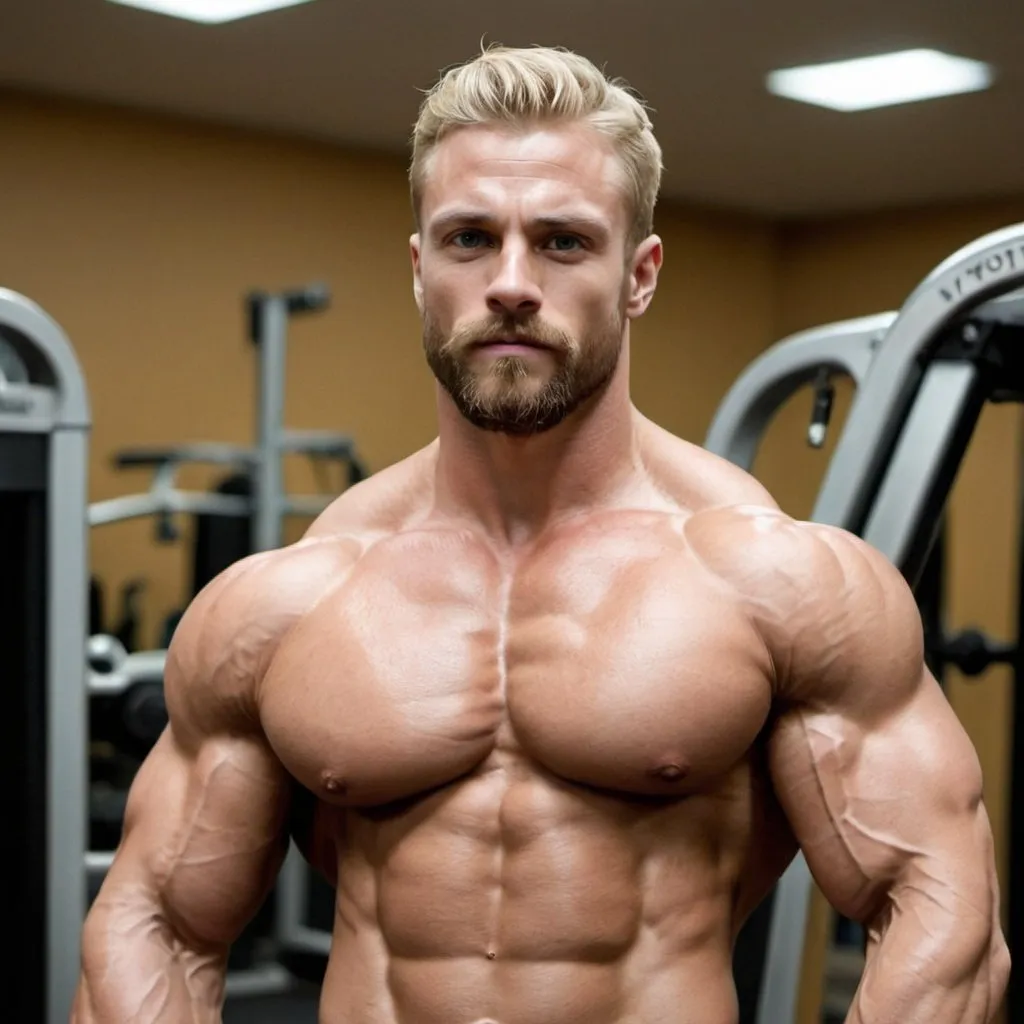 Prompt: <mymodel>Handsome, short beard, extremely muscular, bodybuilder posing in gym,veins,flexing biceps, large shoulders, blond, big thighs