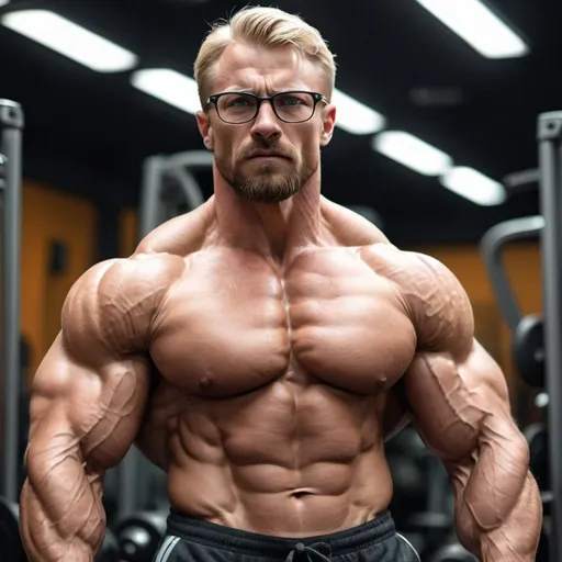 Prompt: hyperealistic, Handsome, short beard, extremely muscular blond bodybuilder in gym wearing glasses and looking very proud, big veins,flexing muscles, large shoulders, strong jaws, very angry, close up face from side