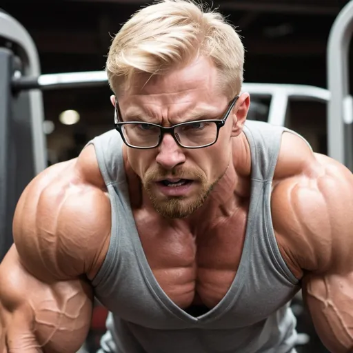 Prompt: Handsome, short beard, extremely muscular blond bodybuilder in gym wearing glasses, big veins,flexing muscles, large shoulders, strong jaws, very angry, close up face from profile