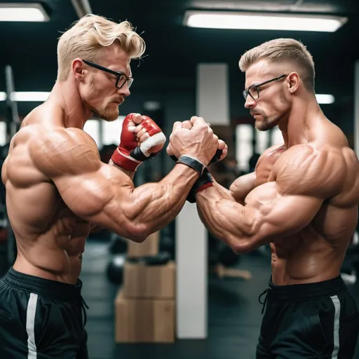 Prompt: blond, handsome, short beard, wearing glasses muscular bodybuilder and lean younger athletic man with brown curled hair fighting, box each other bare knuckles,  cinematic scene in a gym