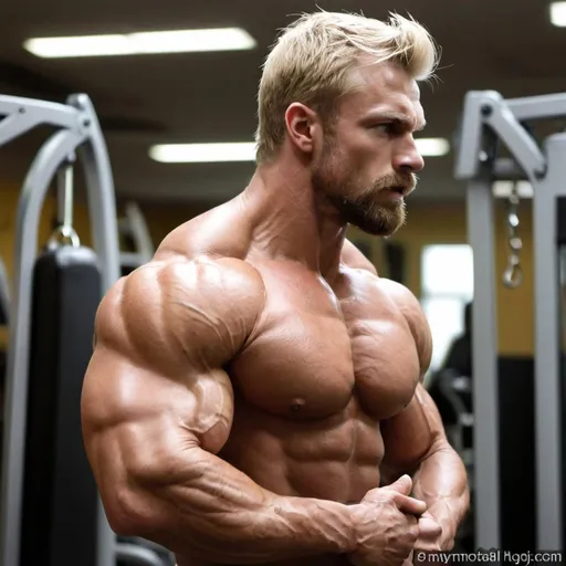 Prompt: <mymodel>Handsome, short beard, extremely muscular blond very hairy bodybuilder in gym from profile, big veins,flexing muscles, large shoulders, strong jaws, extremely angry, close up face from profile