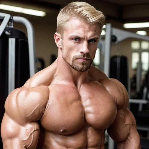 Prompt: <mymodel>Handsome, short beard, extremely muscular blond bodybuilder posing in gym from profile, veins,flexing muscles, large shoulders, blond, strong jaws, angry, close up face