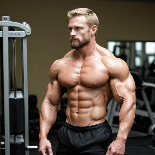 Prompt: <mymodel>Handsome, short beard, extremely muscular, bodybuilder posing full body in gym from profile, veins,flexing triceps, large shoulders, blond, 