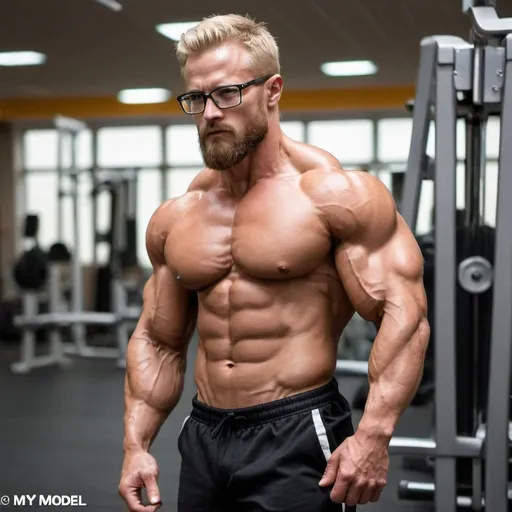 Prompt: <mymodel>Handsome, short beard, extremely muscular, bodybuilder wearing glasses and posing full body in gym from profile, veins,flexing triceps, large shoulders, blond, 