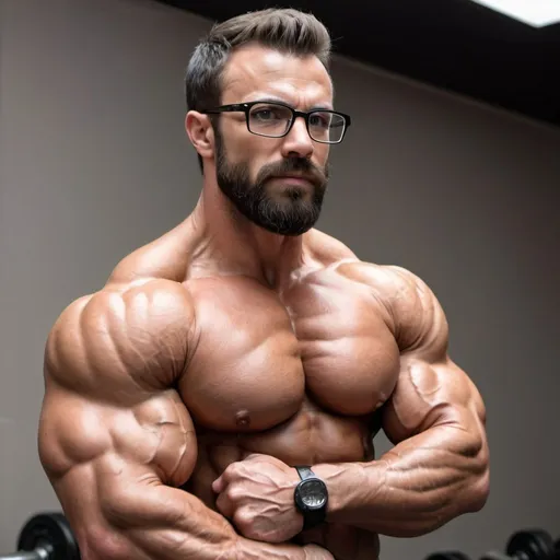 Prompt: Handsome, short beard, very muscular, bodybuilder wearing glasses ,very vascular ,flexing right and left biceps, very hairy pecs , face close up view from profile