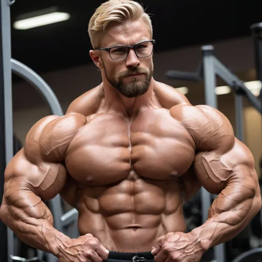 Prompt: profile view, Handsome, short beard,  extremely muscular blond bodybuilder in gym wearing glasses and looking very proud, big veins,flexing muscles, large shoulders, strong jaws, 