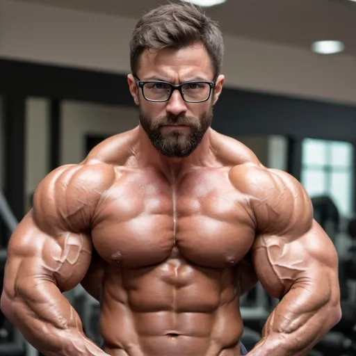 Prompt: Handsome, short beard, very muscular, bodybuilder wearing glasses ,very vascular ,flexing right and left biceps, very hairy, face close up