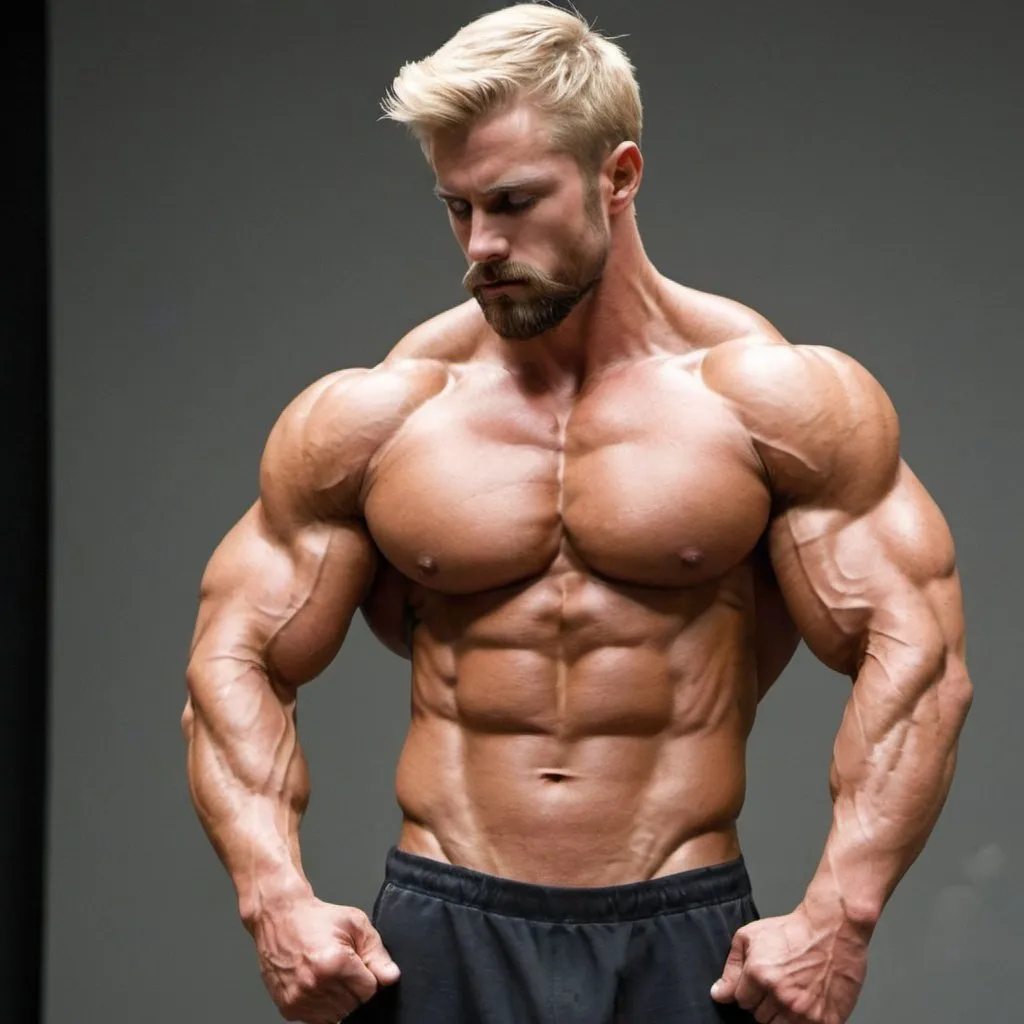 Prompt: <mymodel>Handsome, short beard, muscular, bodybuilder,veins,flexing biceps, large shoulders, blond, profile