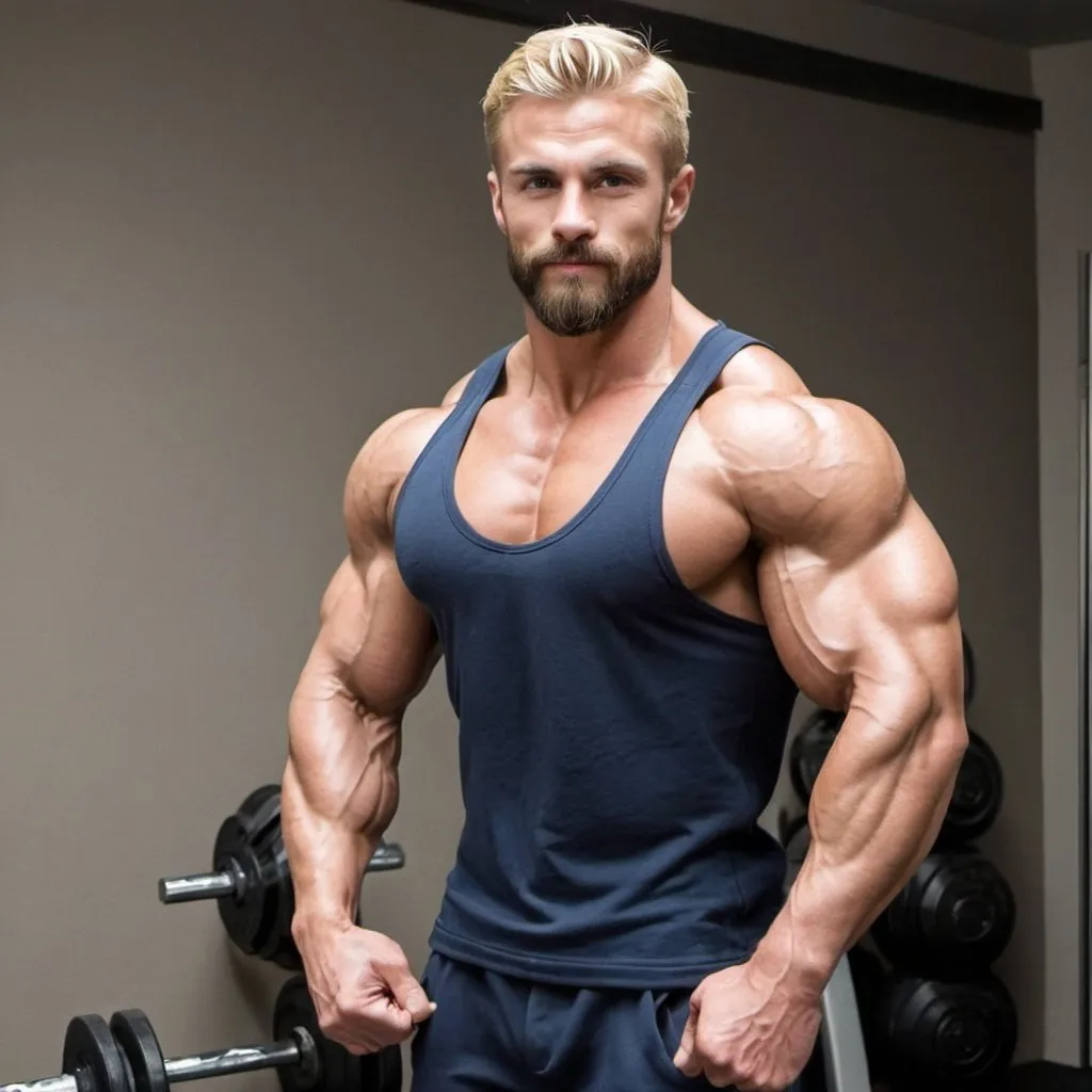 Prompt: <mymodel>Handsome, short beard, muscular, bodybuilder,veins,flexing biceps, large shoulders, blond