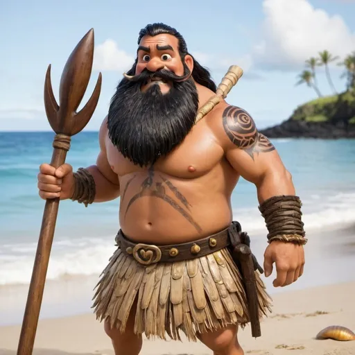 Prompt: charackter Maui from disney with a black beard, a wooden spear, and a whield made of shells in his back