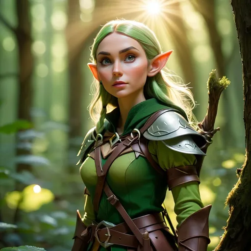 Prompt: Elf ranger in a mystical forest around sunlight