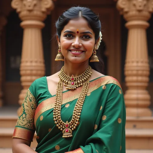 Prompt:  @TgSr5p9OvPCHNSb5KnLo is standing before a beautiful Hindu temple in green silk saree, she is wearing ruby and emarald necklace, she has kukkum on her forehead