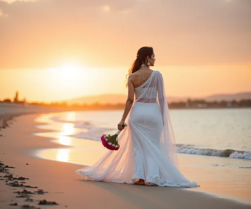 Prompt:  @TgSr5p9OvPCHNSb5KnLo  is walking on a beach in western outfit dress,  white in color with rose bouquet in her hand,  she is not wearing any jewellery or ear rings, she is looking at the sunrise