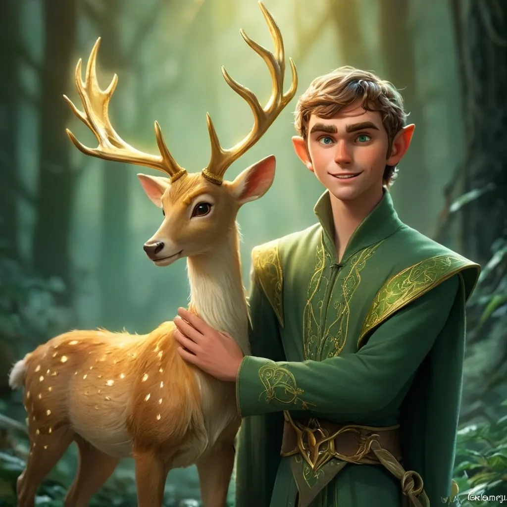 Prompt: Elf man holding a golden deer with elf ears, dreamy, magical, moon light falling on both as beams