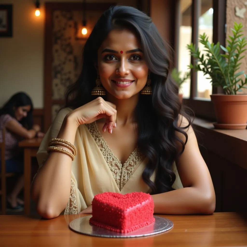 Prompt:  @TgSr5p9OvPCHNSb5KnLo  is sitting in a coffee shop, heart shaped red color cake is on the table, she is looking at the cake with love and adoration, she is wearing cream color indian dress.